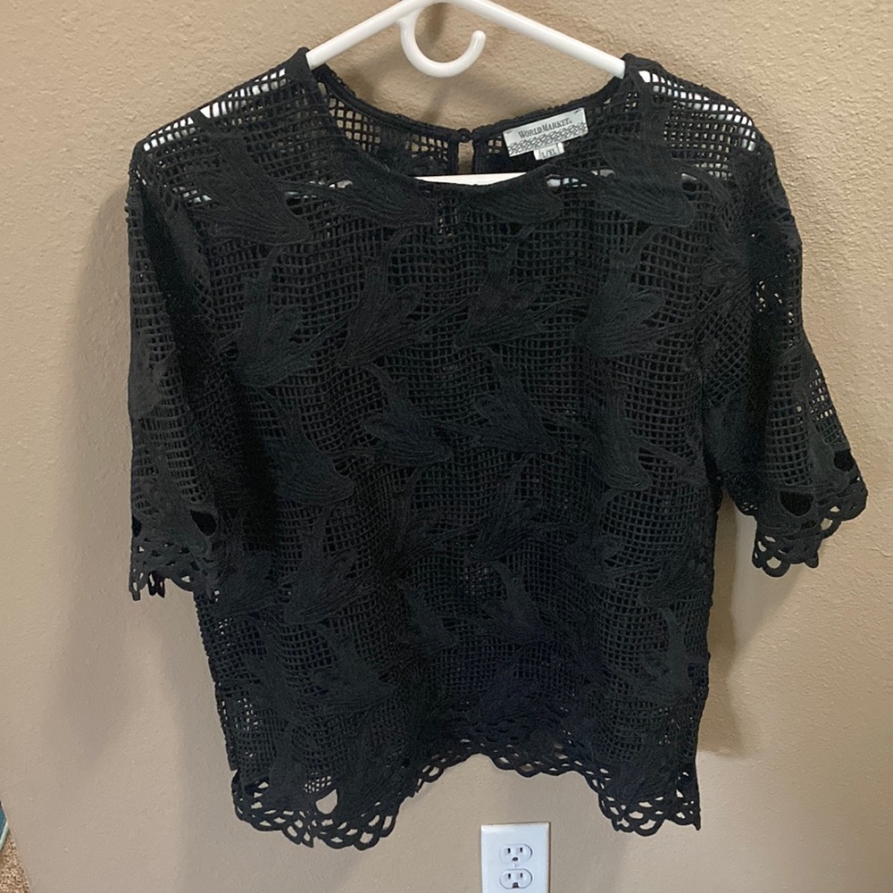 World Market- black, mesh, floral shirt with a key hole button on the back l/xl